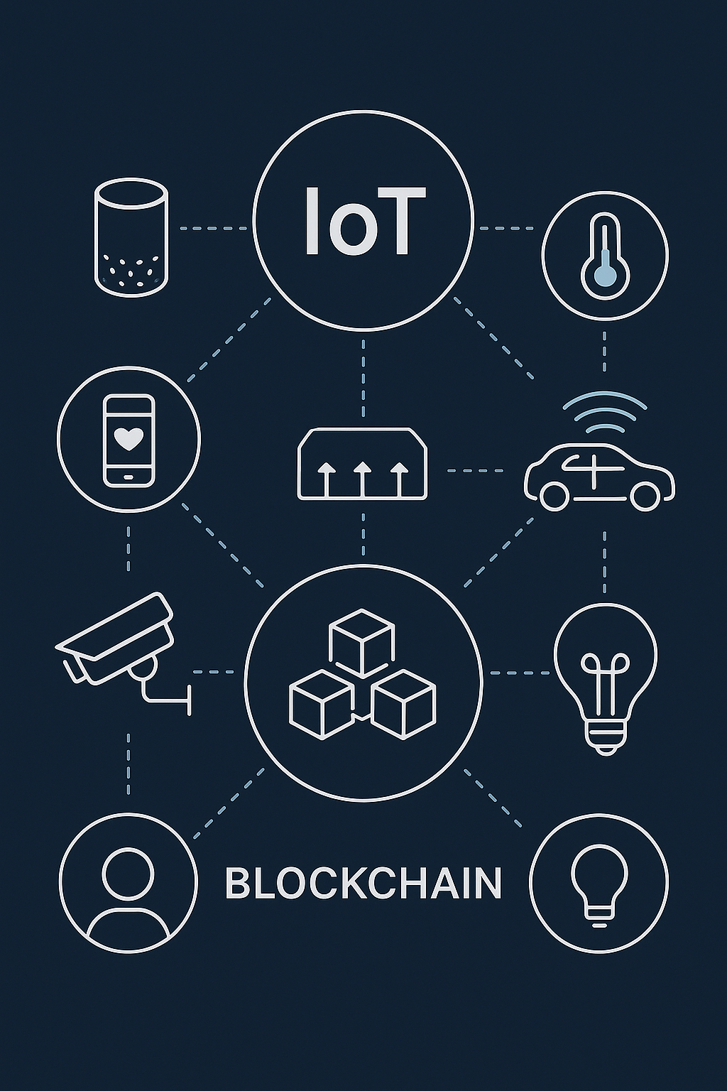 illustration av IoT-enheter kopplade till ett blockchain-nätverk