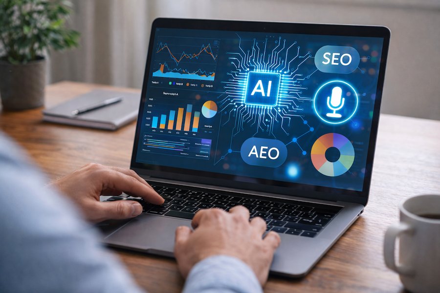 Person analyserar digital marknadsföringsdata på laptop med diagram, AI-symboler och mikrofonikon som visar SEO, AEO och röstbaserad sökoptimering.
